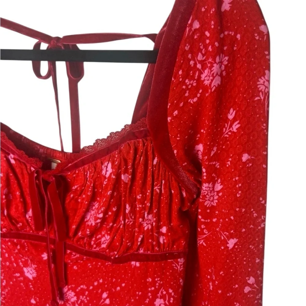 🔆 Free People Tess Floral Velvet Trim Long Sleeve Mini Dress, X-Small